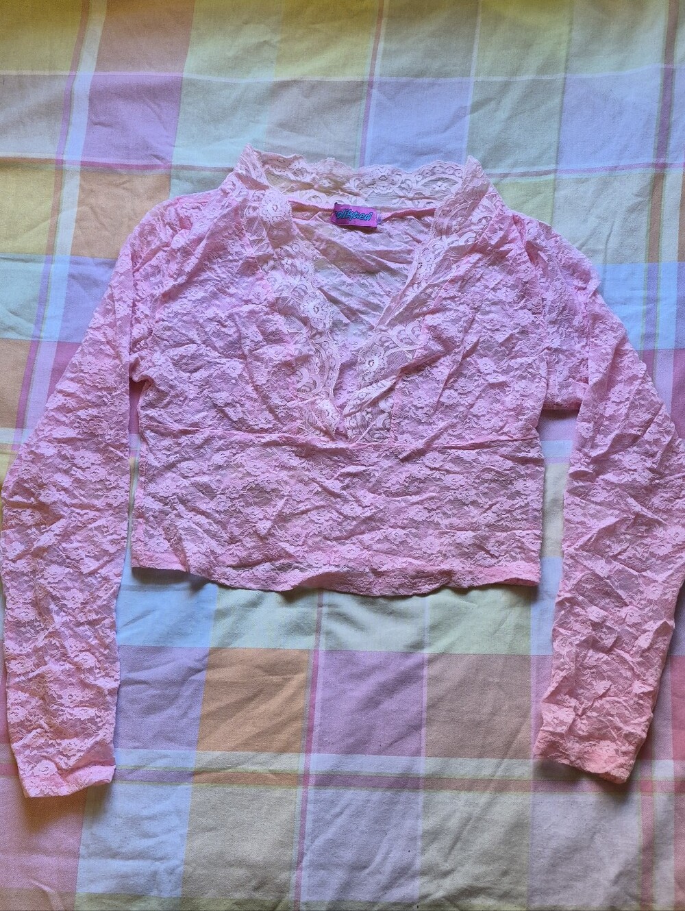 Edikted Pink Lace Long-Sleeve Cropped Top